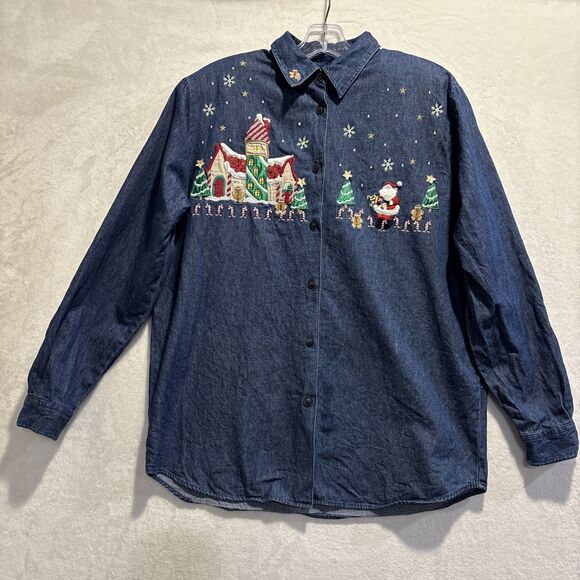 Karen Scott Denim Christmas Shirt Women's Medium Santa Claus Embroidered - Picture 1 of 16